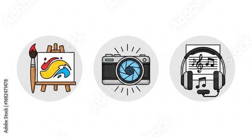 Creative arts hobbies illustration featuring painting photography and music hobbies for creative minds