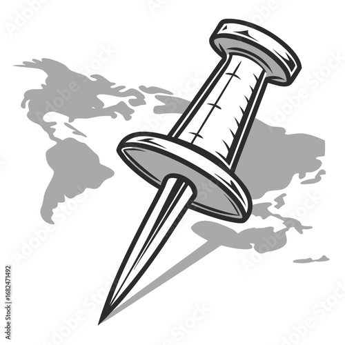 Black and white map pin piercing world map location travel