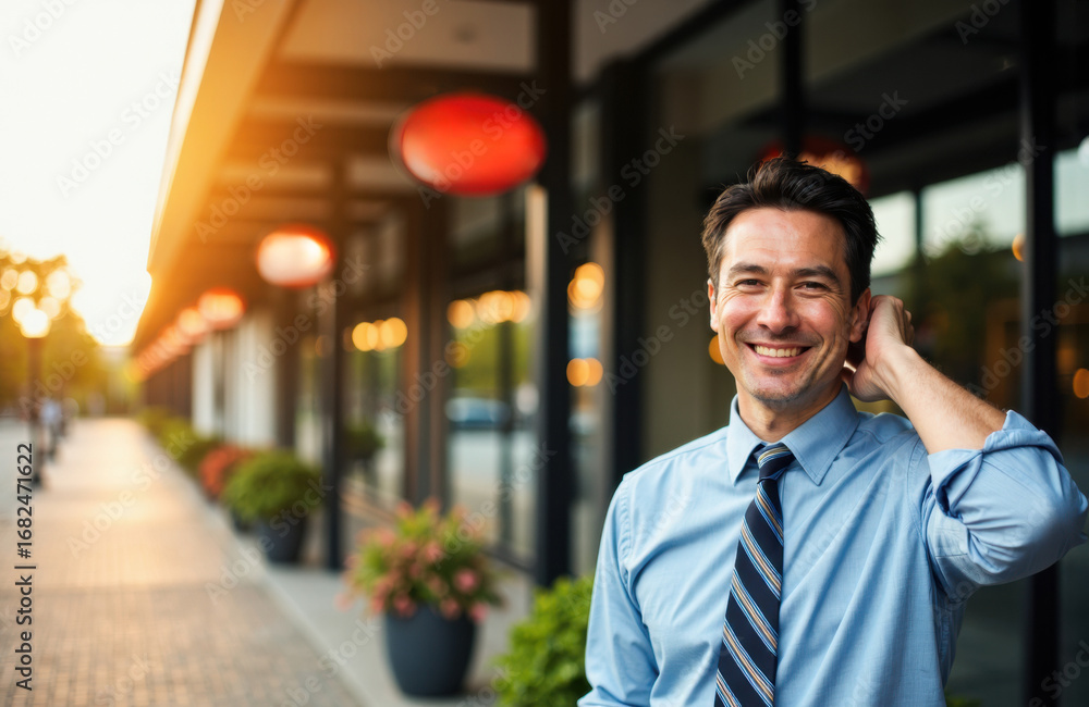Naklejka premium Smiling businessman standing outdoors in front of a modern building with red lanterns and potted plants