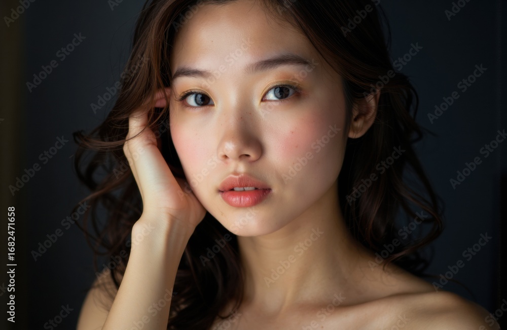 Obraz premium Woman with smooth skin and natural makeup looking directly at the camera