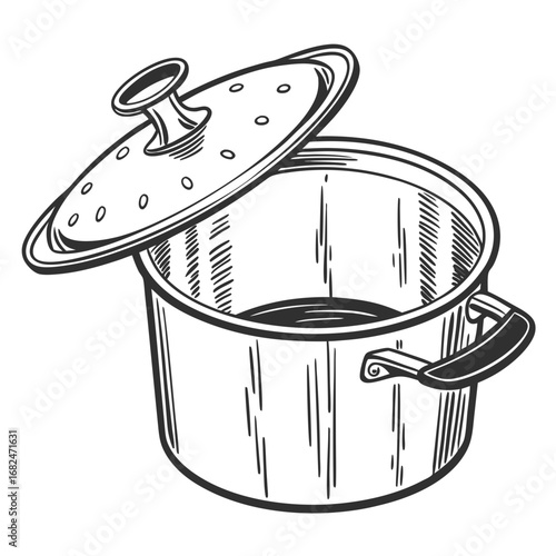 Black and white sketch of a cooking pot with lid kitchenware cookware