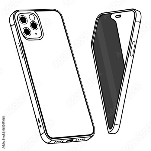 Black outline of modern smartphone with multiple cameras and dark screen mobile phone