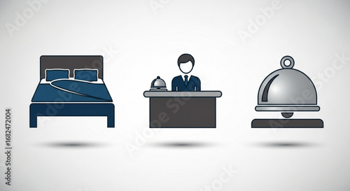 Hotel service icons including bed reception and bell for hospitality and travel industry needs design