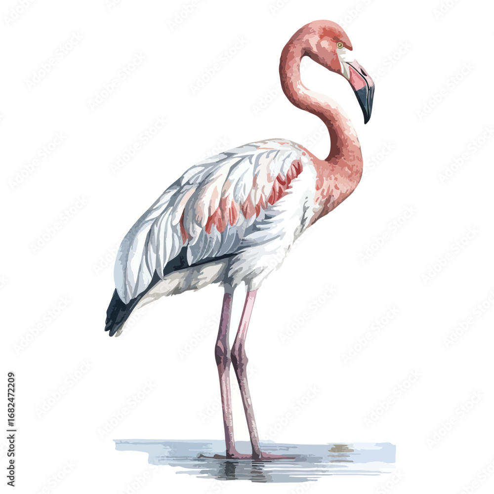 Fototapeta premium Elegant Watercolor Flamingo Standing Gracefully in Shallow Water Profile View