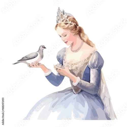 Fairytale Princess with Dove and Delicate Pearl Necklace in Blue Gown