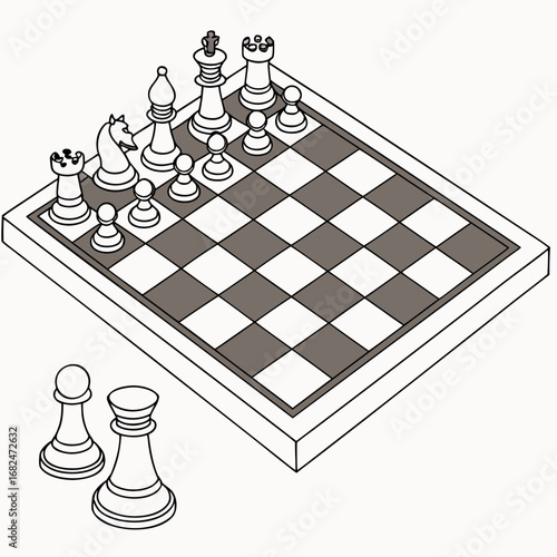 Chess pieces arranged on board with pawns outside king queen