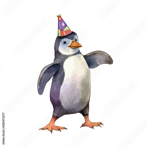 Festive Penguin in a Multicolored Party Hat