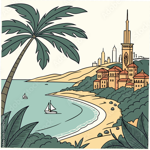 Coastal Cityscape With Palm Tree And Sailboats tropical beach