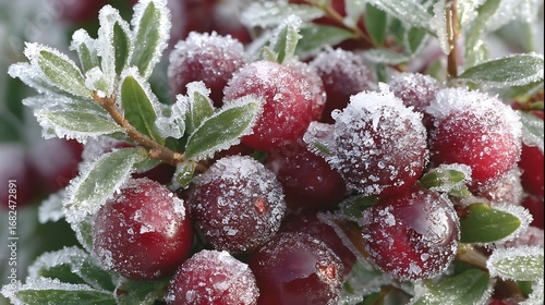 Frozen cranberries on the vine