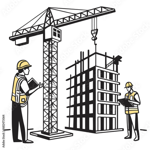 Construction workers overseeing building progress with crane project