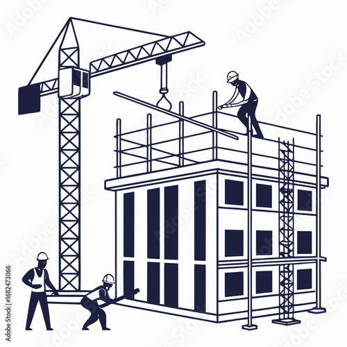 Construction workers building structure with crane scaffolding