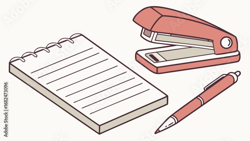 Coral pink stapler notebook and pen on white writing office supplies
