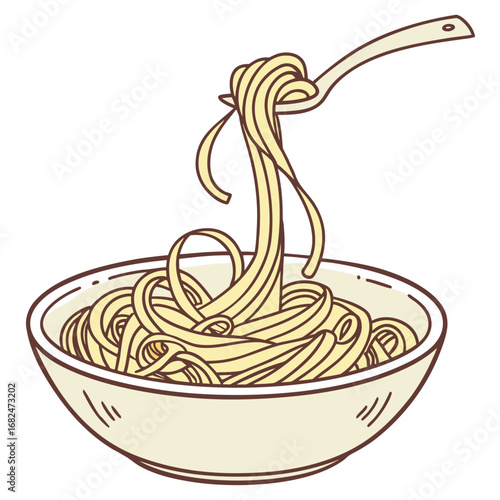 Creamy pasta twirls lifted by a spoon from a light bowl noodles food