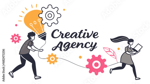 Creative agency concept with people and gears idea innovation