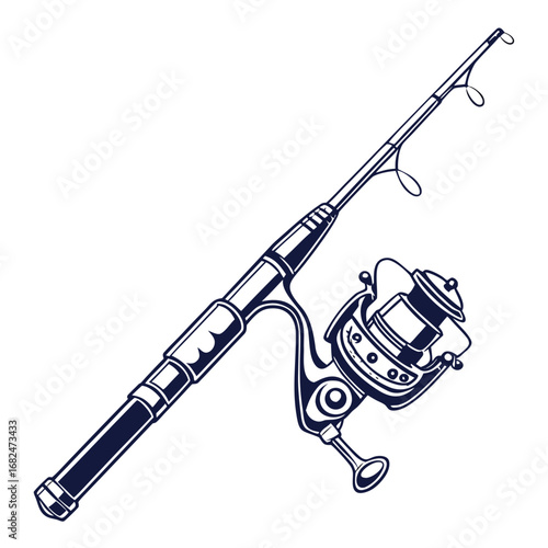 Dark blue fishing rod and reel on white tackle equipment