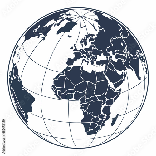 Dark blue globe with continents and latitude longitude lines world map Africa