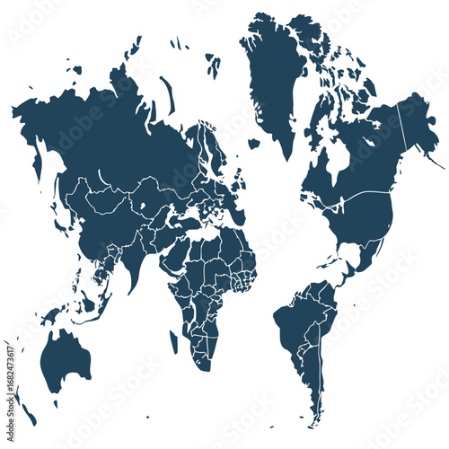 Dark blue world map outlines on white background continents countries