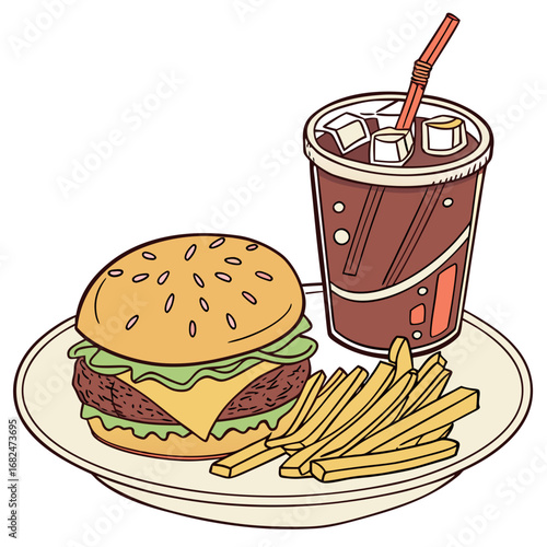 Delicious burger with french fries and soda drink meal