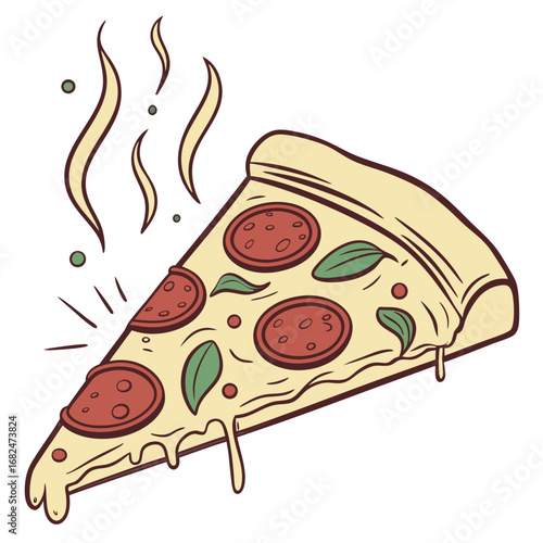 Delicious pepperoni pizza slice with melting cheese and basil food