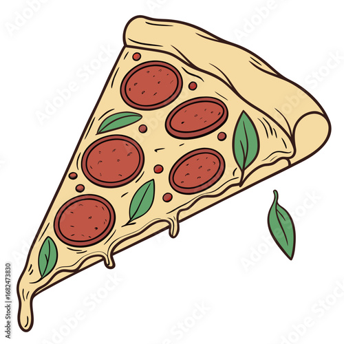 Delicious pepperoni pizza slice with basil and melting cheese vector