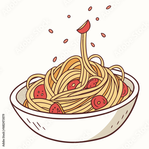 Delicious spaghetti with tomato pieces in a white bowl pasta food