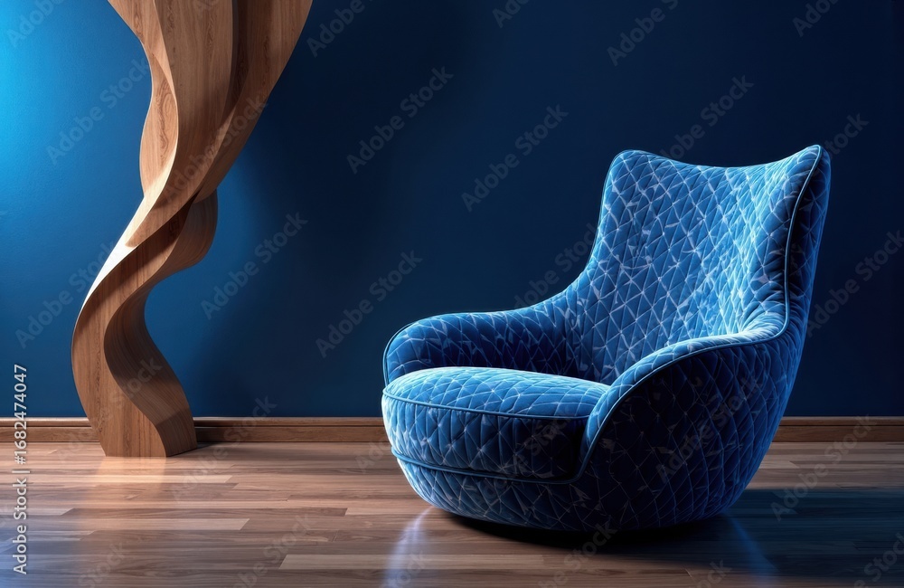Obraz premium A stylish blue velvet armchair with a modern design placed in a contemporary interior setting