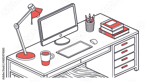 Desk with computer lamp and books vector