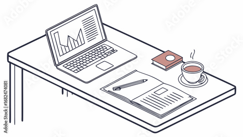 Desk with laptop open book and coffee cup pencil