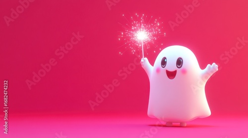 Cute ghost holding a sparkler on a pink background celebrates halloween holiday fun