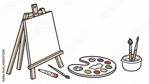 Easel with paint palette brushes and crayon artist painting