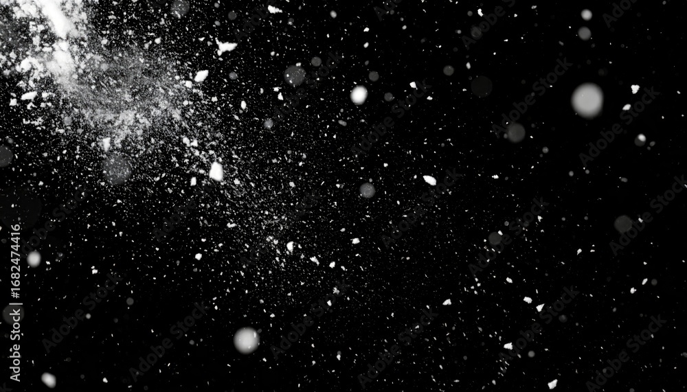 Obraz premium Abstract white powder bursts against a stark black backdrop. Blurred circular bokeh lights float and drift, creating a dynamic, speckled, textured effect
