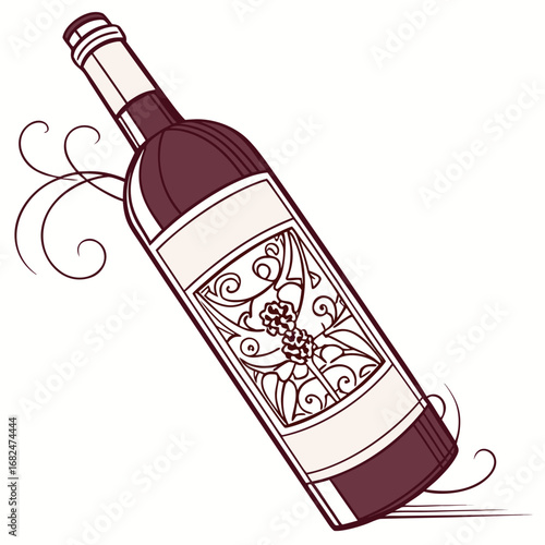 Elegant wine bottle with ornate label and decorative swirls beverage drink