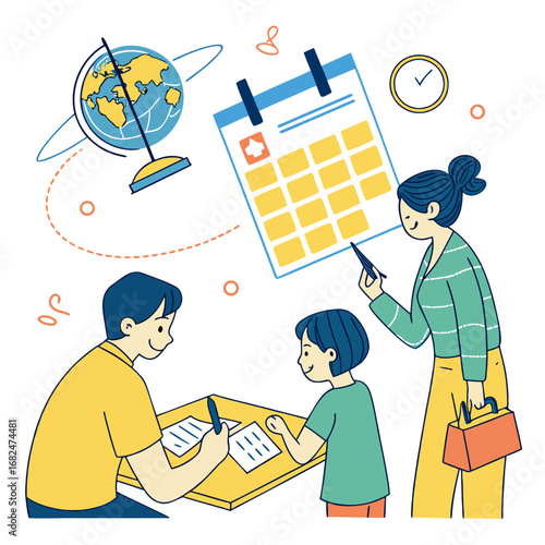 Family planning vacation with globe calendar and clock vector