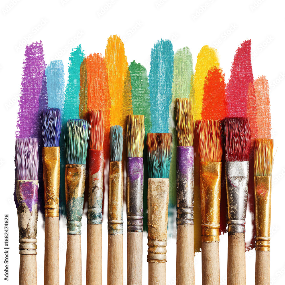 Fototapeta premium Paintbrushes dipped in vibrant rainbow colored paint