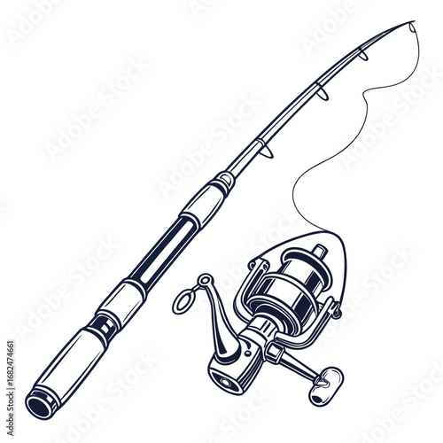 Fishing rod and reel with line on white fishing reel fishing line