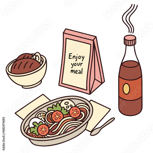 Food delivery with noodles and drink meal takeout