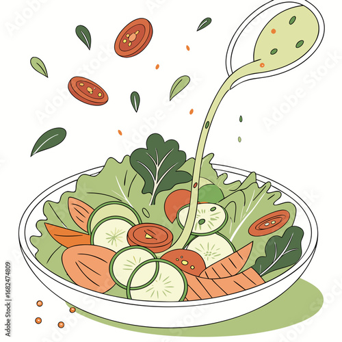 Fresh salad with dressing being poured onto lettuce tomatoes and cucumbers vector