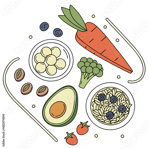 Fresh vegetarian ingredients arranged on white background vegetarian food healthy eating