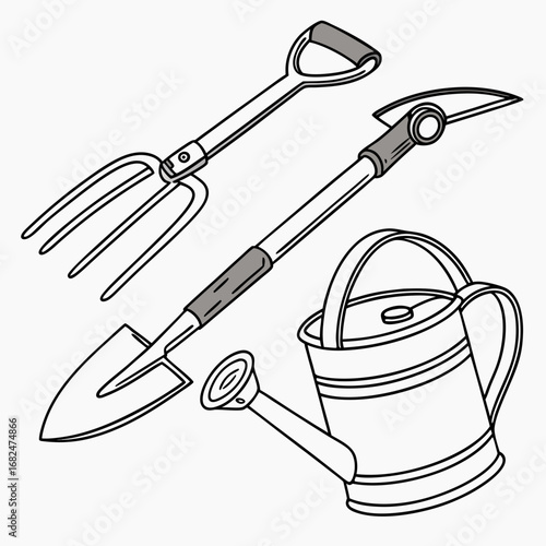 Garden tools shovel fork watering can gardening