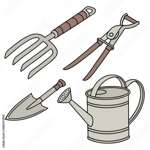 Gardening tools fork trowel shears watering can vector