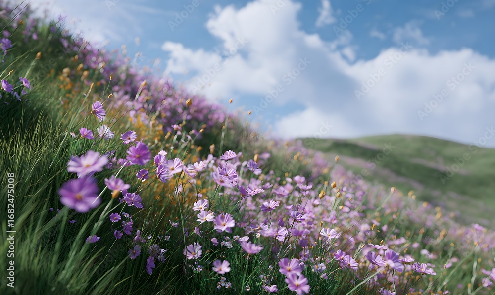 Obraz premium the vast grassland is covered with colorful flowers, pink haze fills the air