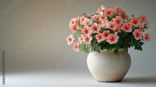 Flower Pot on Soft Light Gray Gradient Background: Large Textured White Pot with 5-Petal Pink-Coral Flowers & Green Leaves