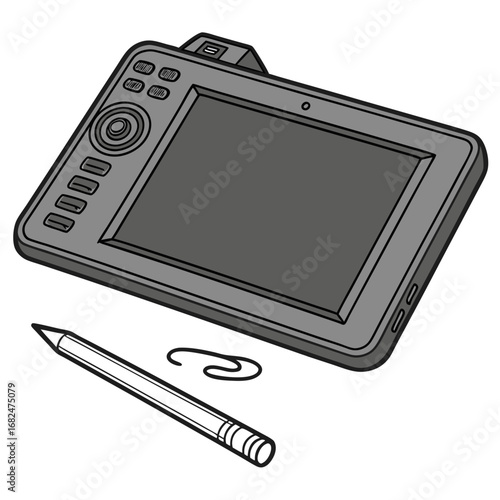 Gray drawing tablet with stylus and paperclip digital art graphic design