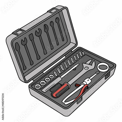 Gray toolbox with wrenches and screwdrivers tools socket set