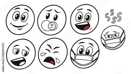 Hand drawn emoji faces with diverse expressions and medical masks emotions happy
