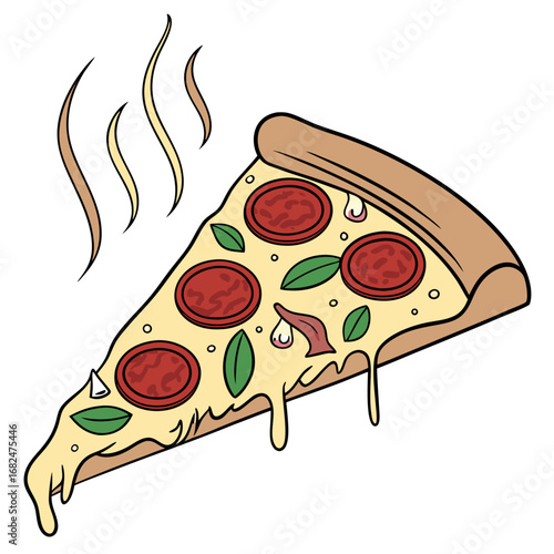 Hot pepperoni pizza slice with melting cheese and basil vector