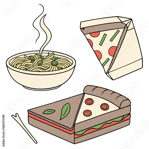 Hot steaming pasta and pizza slices with sandwich food meal
