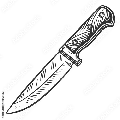 Hunting knife with wooden handle and sharp blade cutting