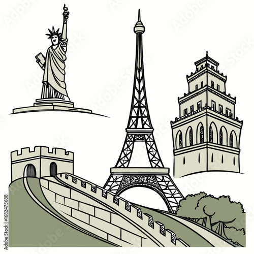 Iconic global landmarks sketched with muted colors Statue of Liberty Eiffel Tower