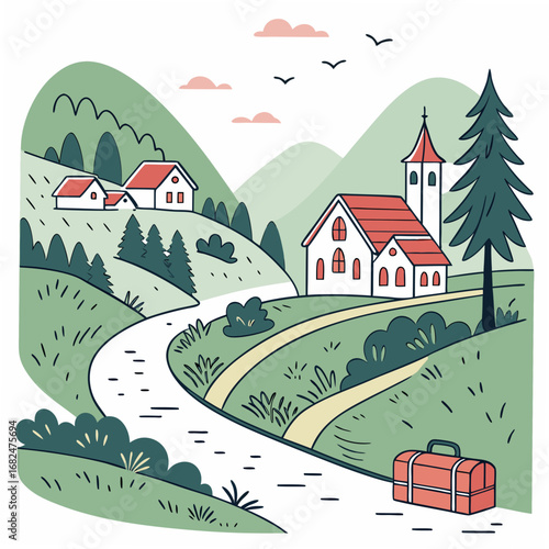 Idyllic Village Scene with Red Roofed Houses and Church countryside hills